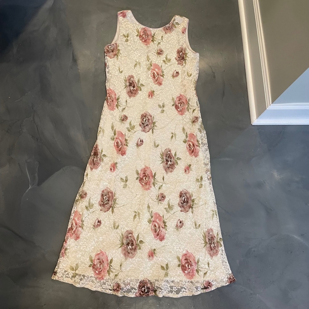 VTG Betsy's Things Petites Pink Floral Lace Maxi Dress 8P Sleeveless Cottagecore